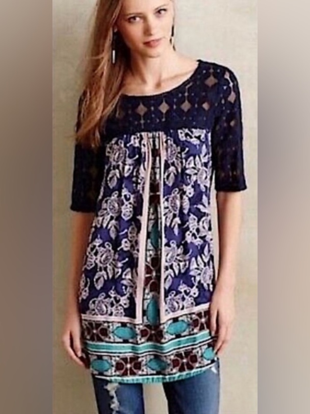 ANTHROPOLOGIE | AKEMI + KIN Top Mixed Media Floral Lace Boho Tunic Medium